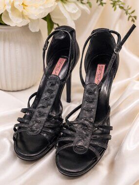 Spiga Black Leather Hight Heel  Strappy Sandals Size 10 Made in Italy